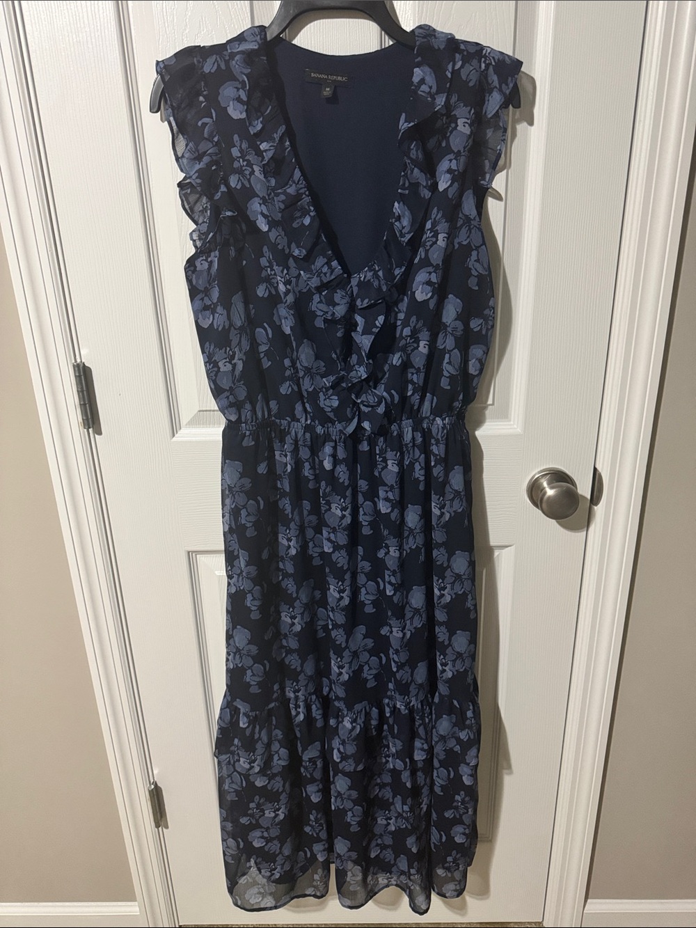 Banana Republic Navy & Light Blue Floral Ruffle Maxi Dress